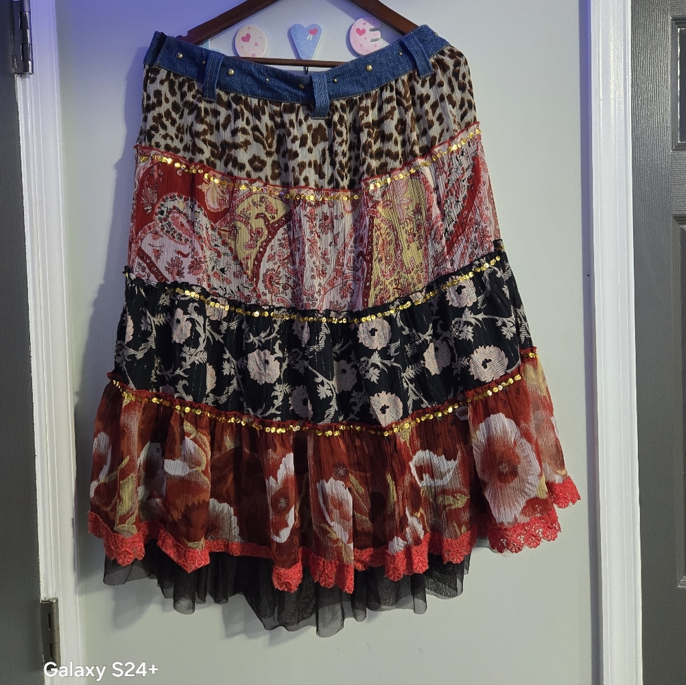 Y2K Boho Tiered Patchwork Maxi Skirt with Sequins​ Size 9/10